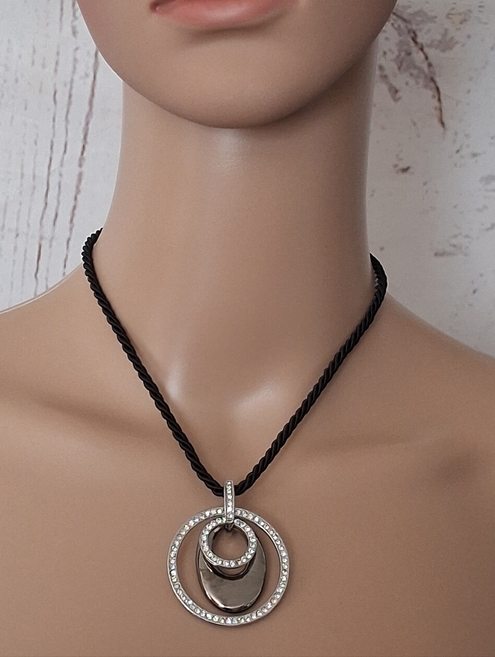 Lia Sophia Silver-Tone Crystal Double Circle Pendant on Black Cord
